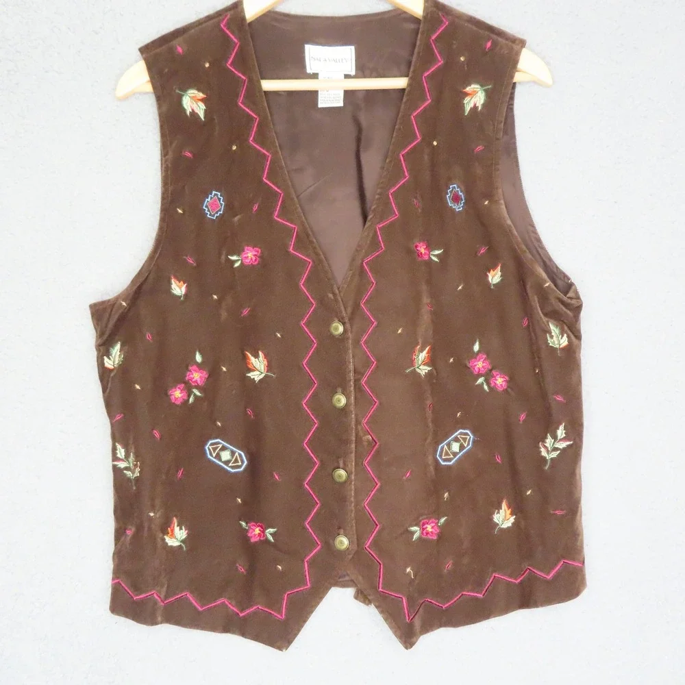 VTG Napa Valley Velvet Vest Medium Brown Embroidered Western Boho Cottagecore - Picture 1 of 10